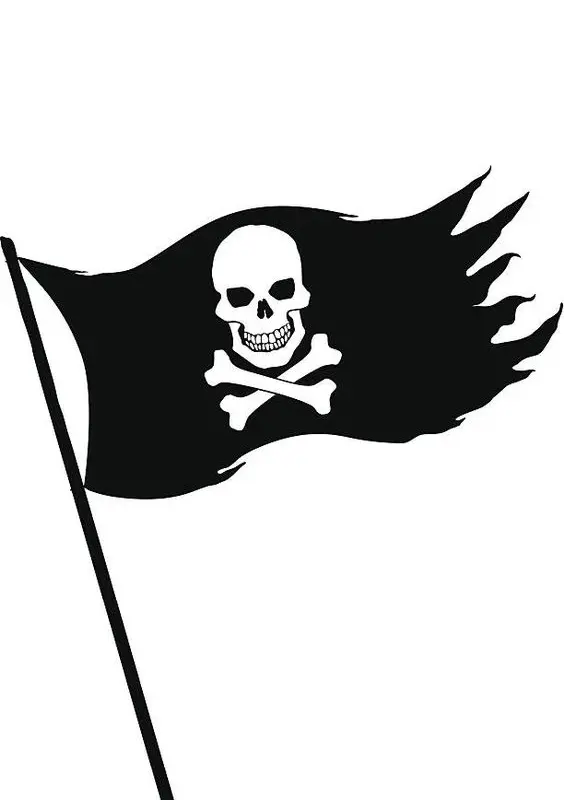 A black pirate flag with skul flying in front of a white background.