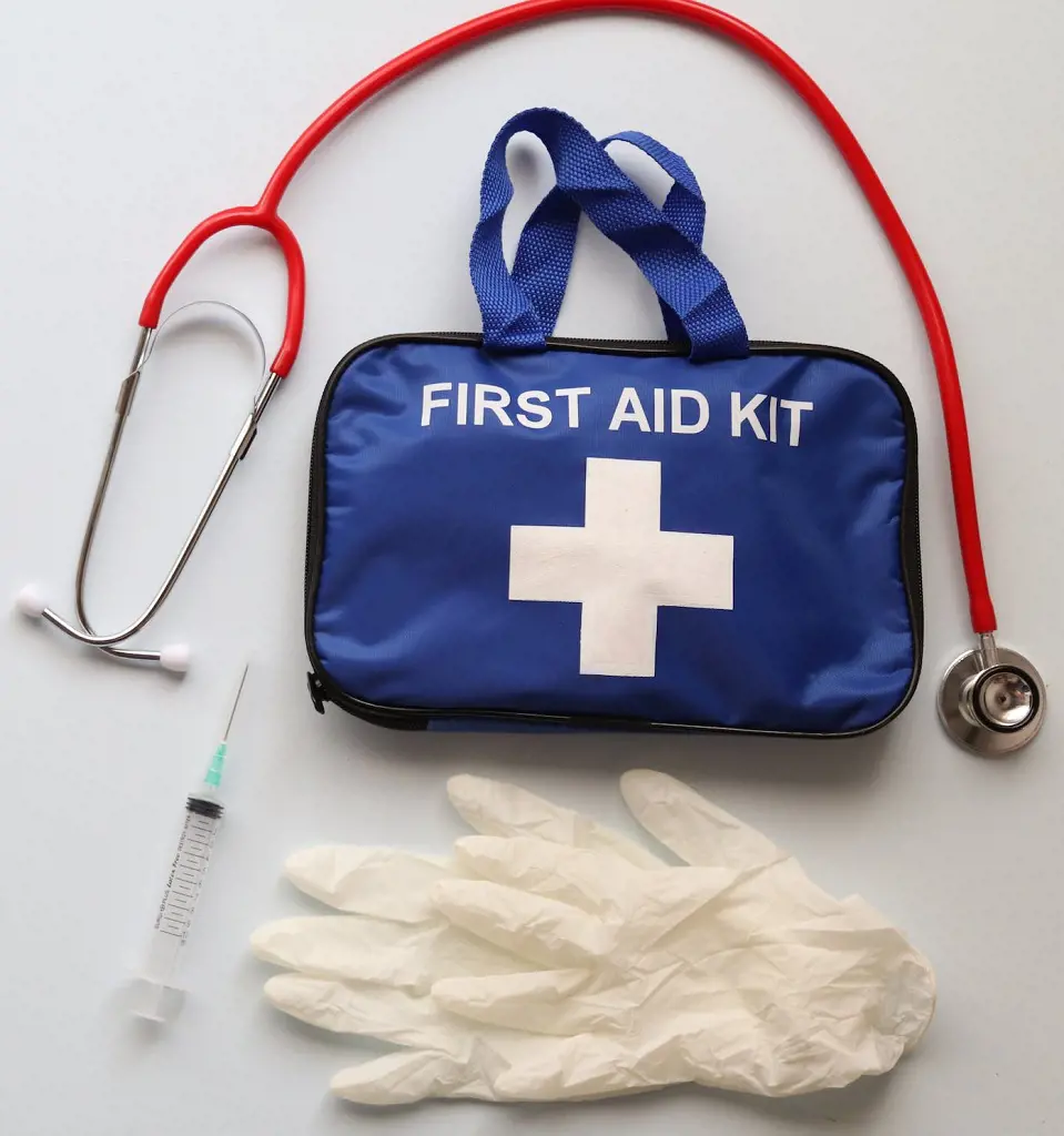 The picture shows a first aid kit placed on a white background ready for emergencies