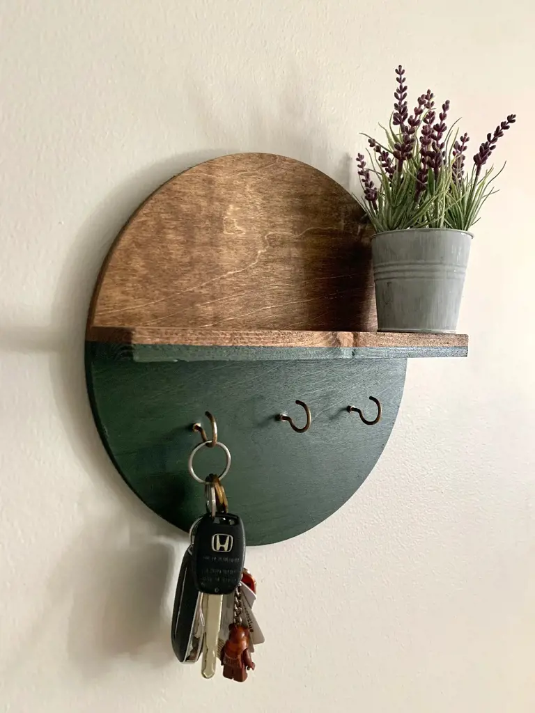 The picture portrays keys hanging on a hook attached to a round piece of pine wood, complemented by a small shelf adorned with a plant