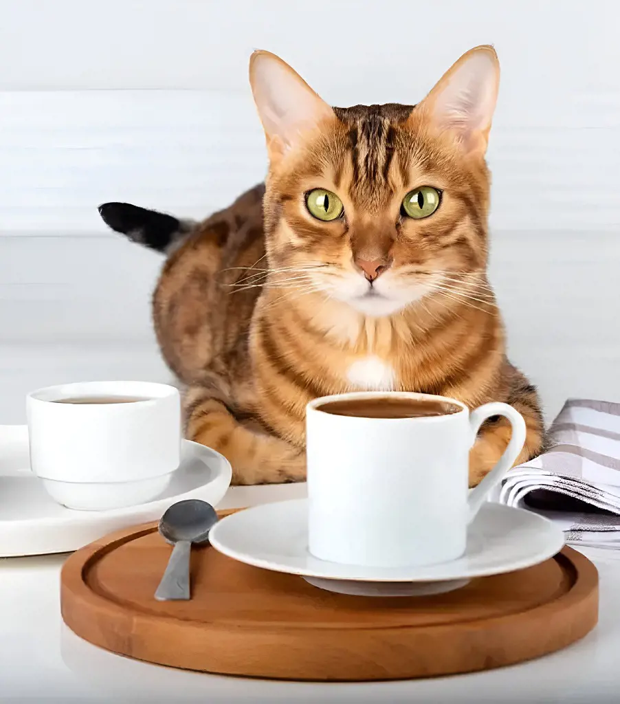 A adorable feline perches gracefully on a table next to a plate adorned with a cup of coffee resting on a wooden stand