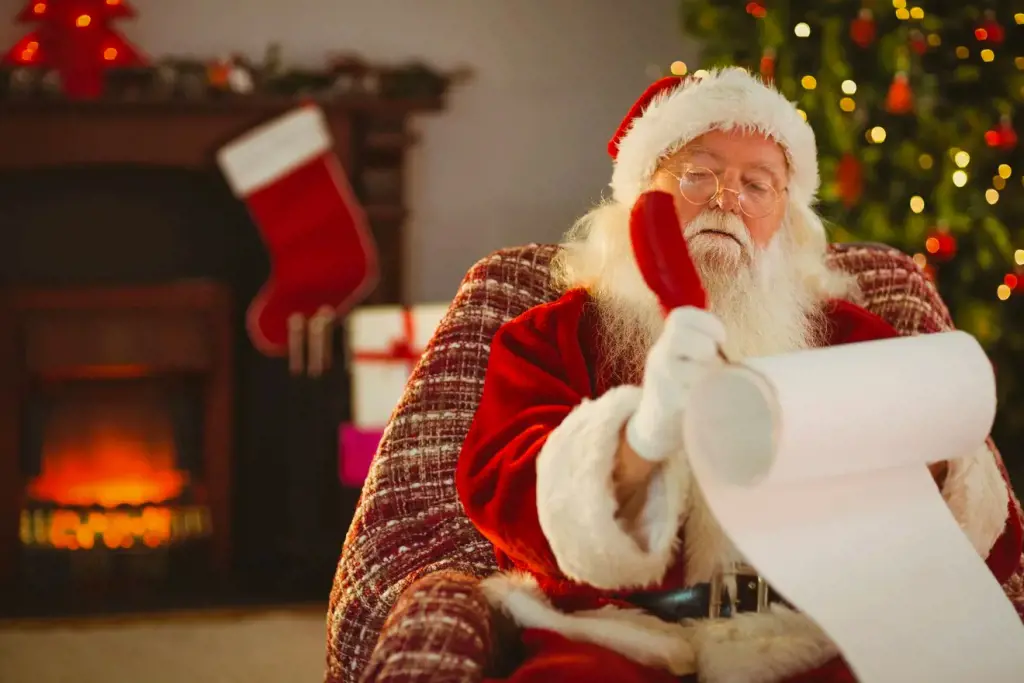 Santa Claus listing the places to visit for Christmas