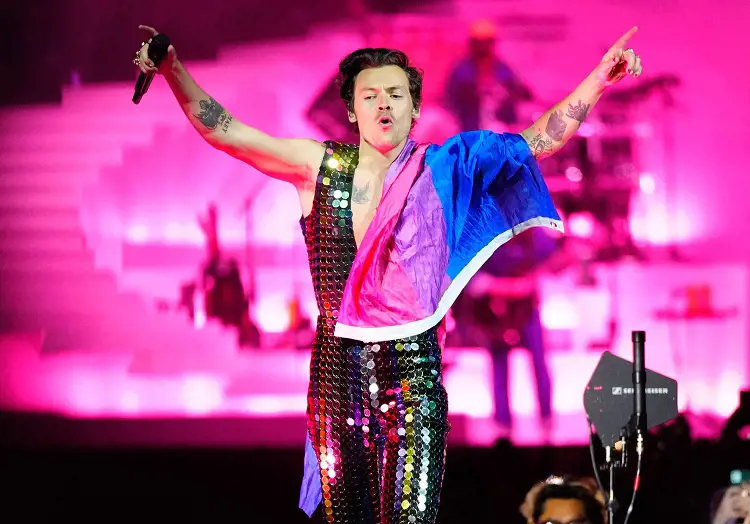 Harry Styles wears a Bisexual Pride Flag during a stage performance.