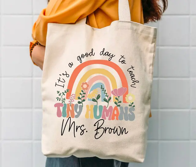 A personalized handbag for educators with colorful prints 