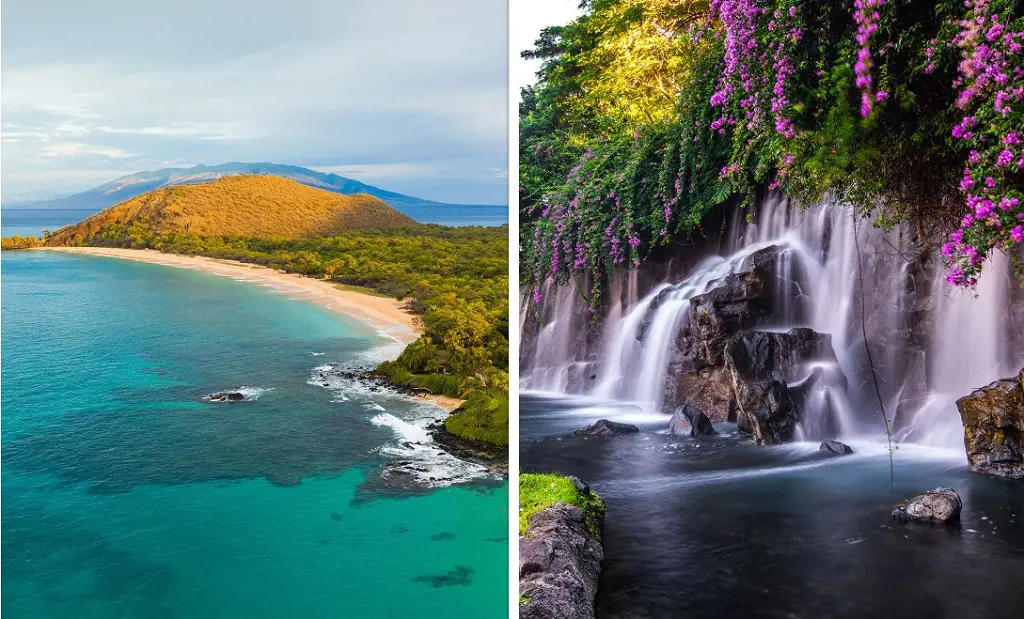 Sunrise over Makena (Left) and The entrance to the Grand Wailea (Right)