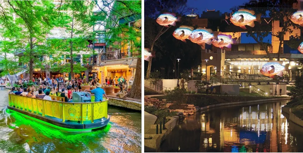 San Antonio River Walk on the left. San Antonio River Walk on the right.