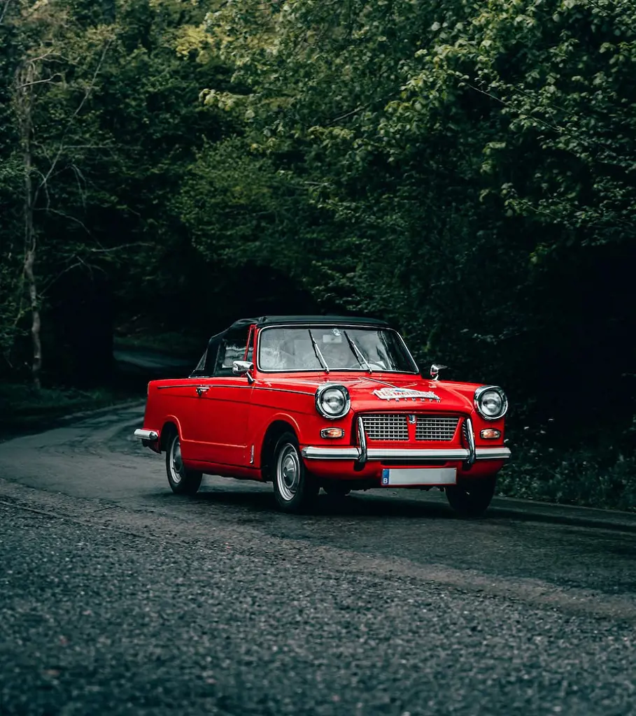 A red car driving along a road surrounded by a lush forest