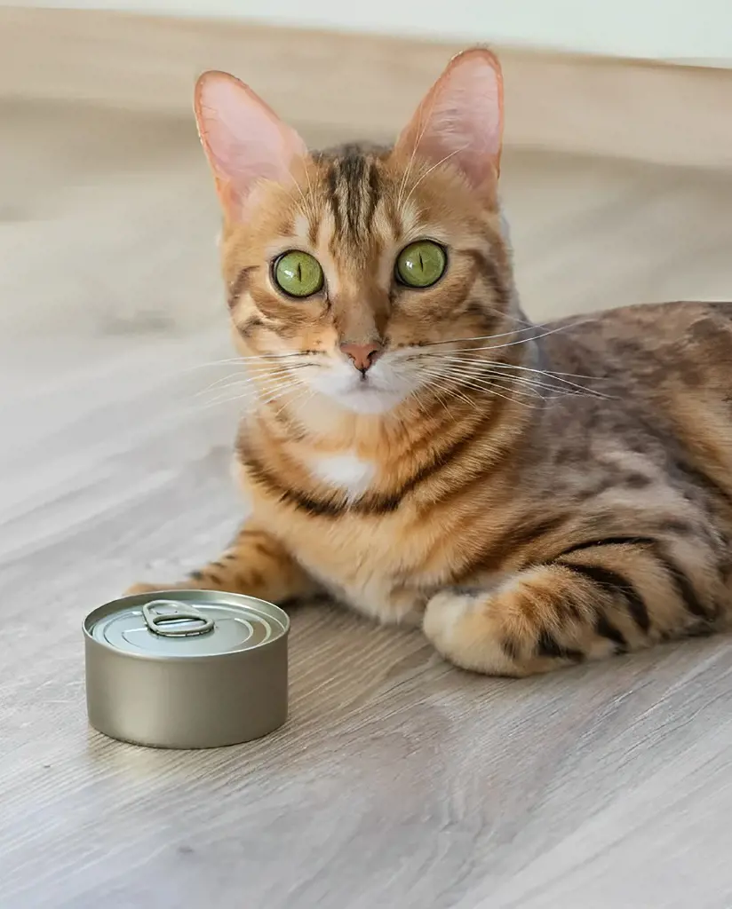 It is cute to see a Bengal cat next to canned tuna but remember that tuna should be given to cats in moderation