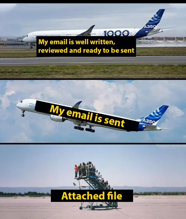 The meme shows classic Millennial struggle of sending an email with an attchment.