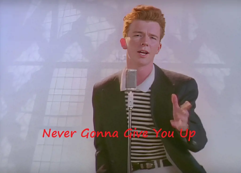 English singer Rick Astley seen on his famous song Never Gonna Give You Up music video.