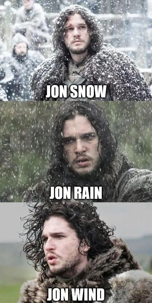 Three images showing Game of Thrones character Jon Snow in different weather condition